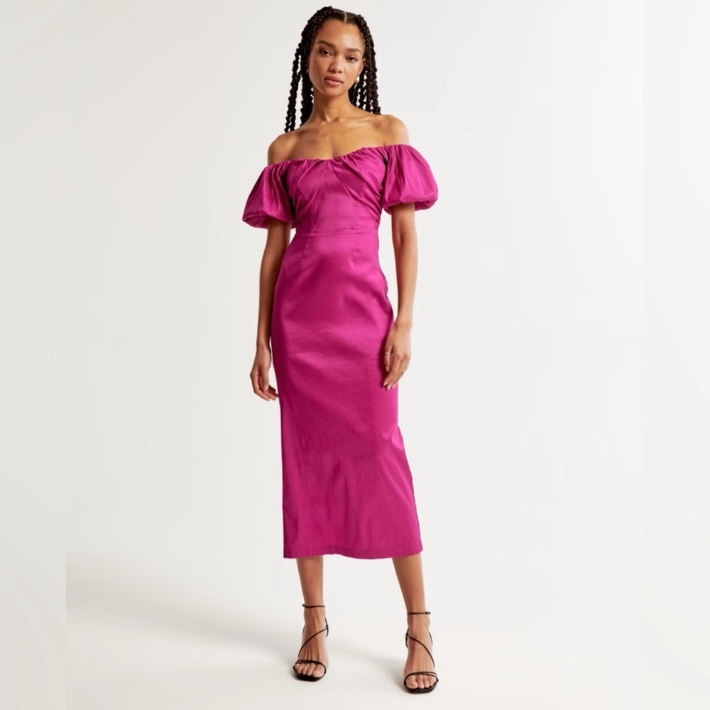 Abercrombie & Fitch Pink Off-Shoulder Puff Sleeve Sheath Dress